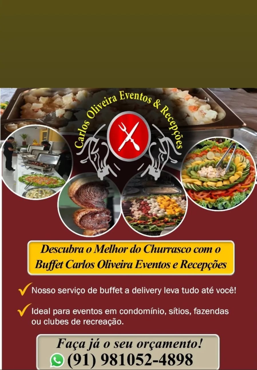 flyer vermelho do buffet Carlos Oliveira com logo circular, fotos de comidas em círculos e telefone de contato